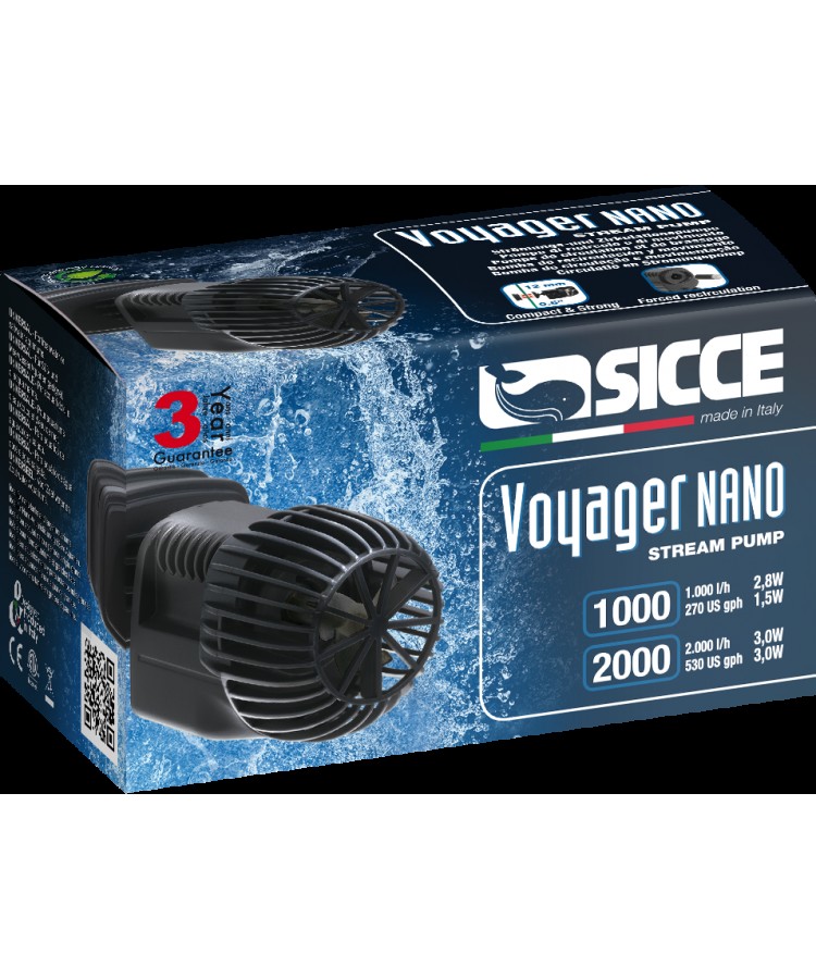 Помпа течения SICCE (Сичче) SYNCRA NANO VOYAGER 1, 1000 л/ч, 2,8 Вт., длина провода 2,35 м. 65x40x50 мм