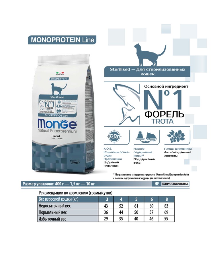 Сухой корм Monge Cat Speciality Line Monoprotein Sterilised для стерилизованных кошек, из форели 10 кг