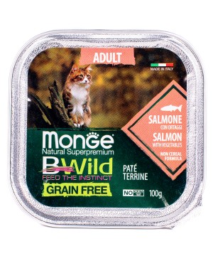 Влажный корм Monge Cat BWild GRAIN FREE для кошек, беззерновой, из лосося с овощами, консервы 100 г