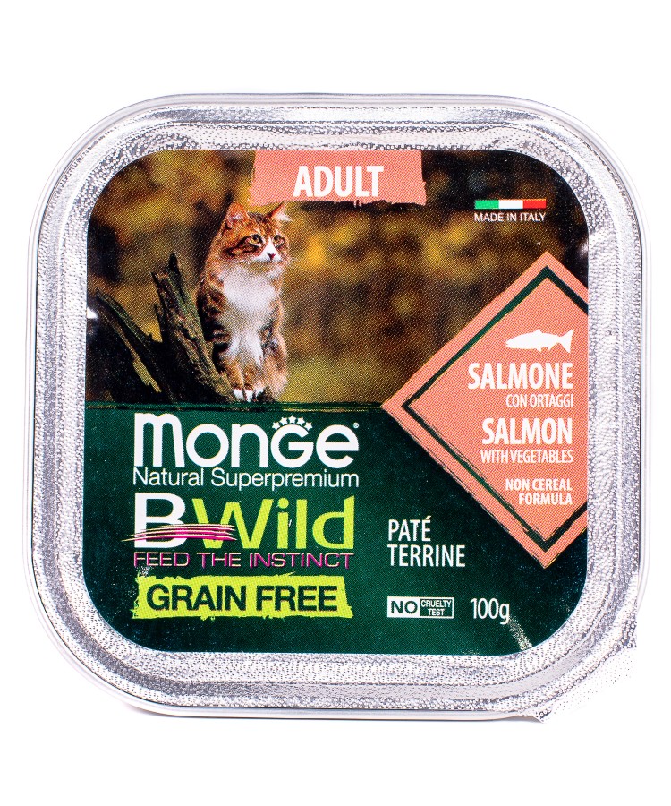 Влажный корм Monge Cat BWild GRAIN FREE для кошек, беззерновой, из лосося с овощами, консервы 100 г