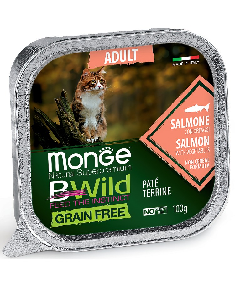 Влажный корм Monge Cat BWild GRAIN FREE для кошек, беззерновой, из лосося с овощами, консервы 100 г