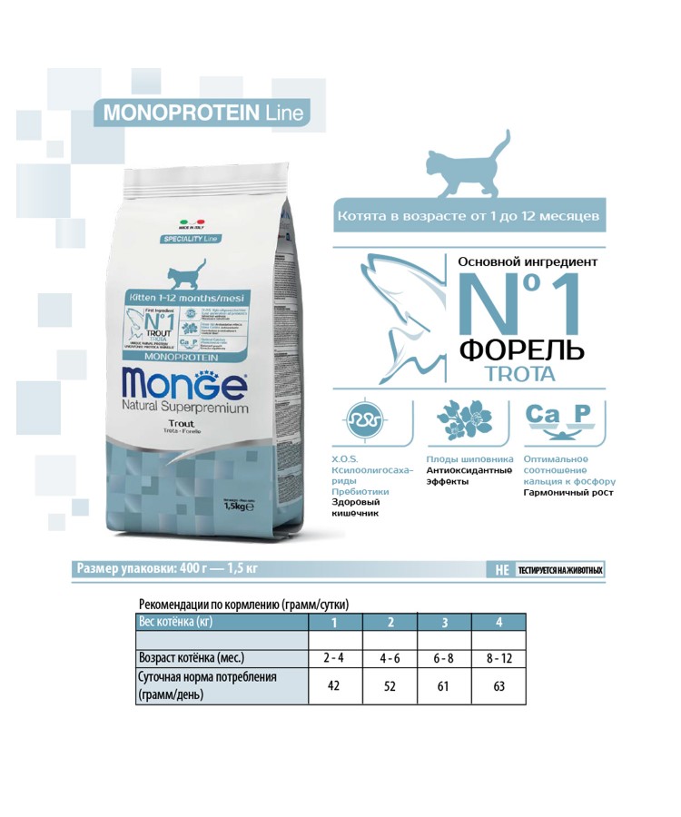 Сухой корм Monge Cat Speciality Line Monoprotein для котят и беременных кошек, из форели 400 г