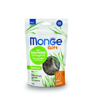 Лакомство Monge Gift Hairball для кошек "Хрустящие подушечки с начинкой" с лососем и кошачьей мятой для вывода шерсти 60 г