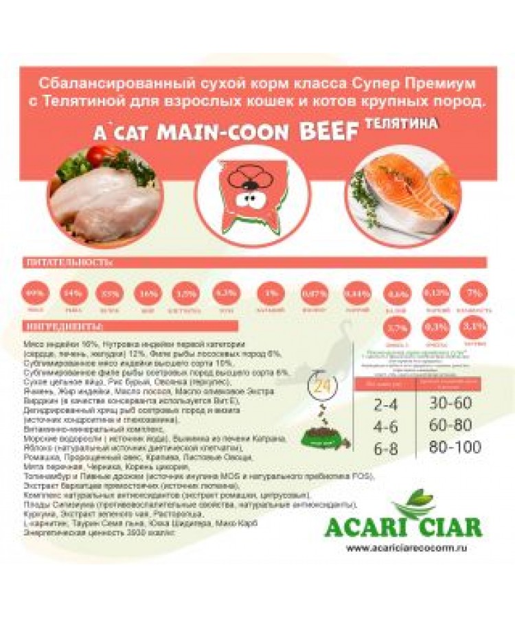 Сухой корм Акари Киар А КЭТ Мейн-кун БИФ д/кошек с говядиной 12 кг