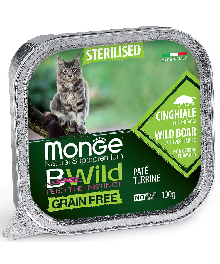 Влажный корм Monge Cat BWild GRAIN FREE для стерилизованных кошек, беззерновой, из кабана с овощами, консервы 100 г