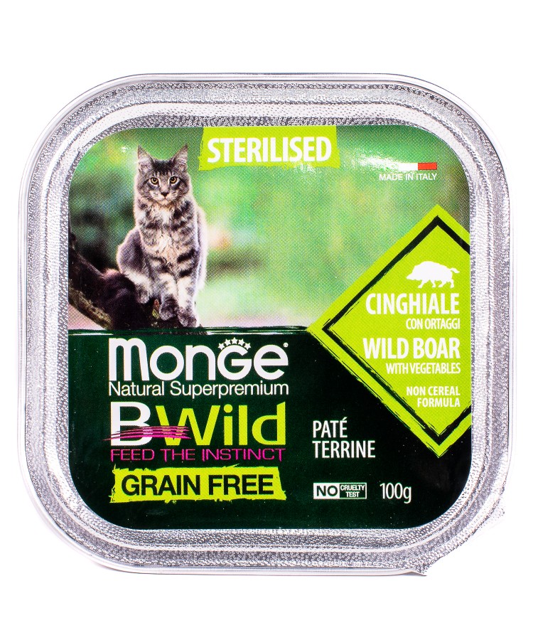 Влажный корм Monge Cat BWild GRAIN FREE для стерилизованных кошек, беззерновой, из кабана с овощами, консервы 100 г