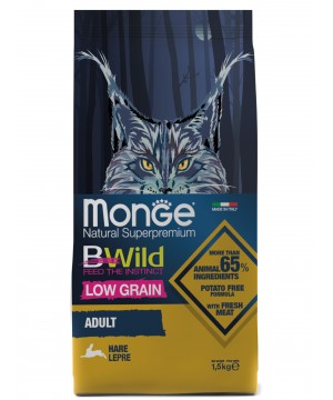 Сухой корм Monge Cat BWild LOW Hare для взрослых кошек, низкозерновой, из мяса зайца 1,5 кг