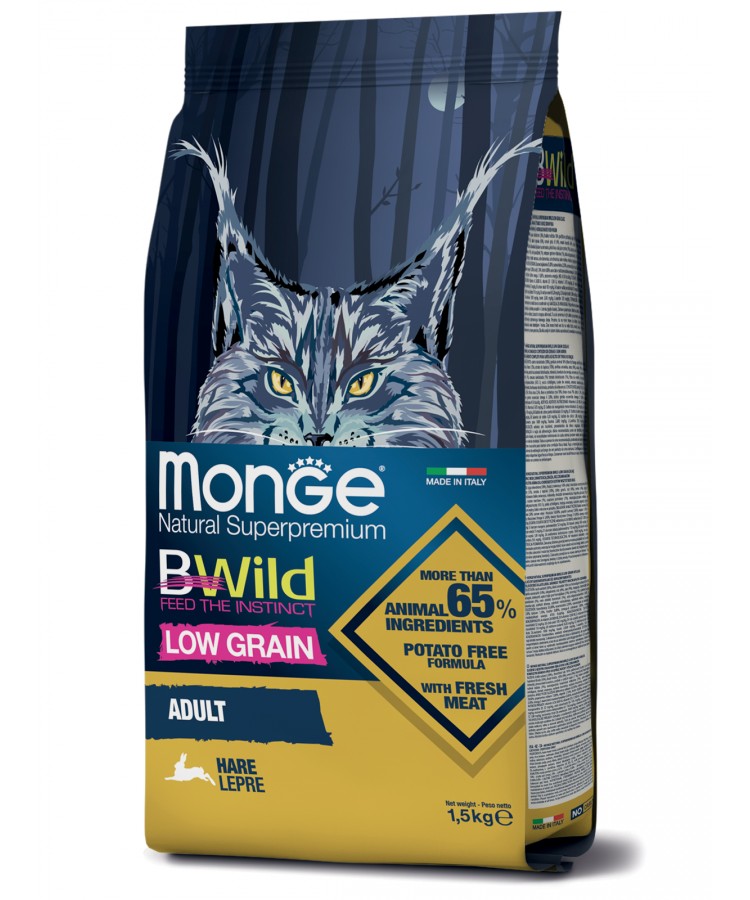 Сухой корм Monge Cat BWild LOW Hare для взрослых кошек, низкозерновой, из мяса зайца 1,5 кг