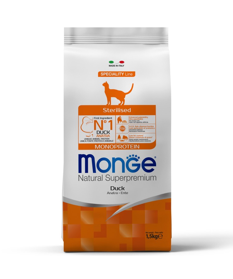 Сухой корм Monge Cat Speciality Line Monoprotein Sterilised для стерилизованных кошек, из утки 1,5 кг