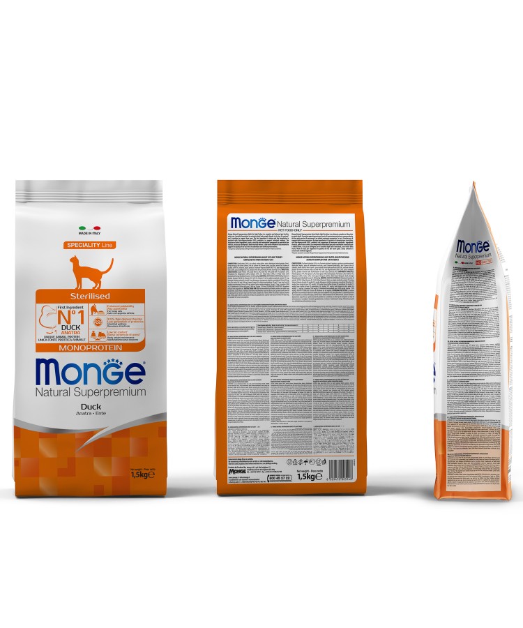 Сухой корм Monge Cat Speciality Line Monoprotein Sterilised для стерилизованных кошек, из утки 1,5 кг