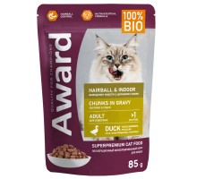 Влажный корм AWARD Hairball & Indoor для выведения шерсти у взрослых домашних кошек, кусочки в соусе с уткой 85г