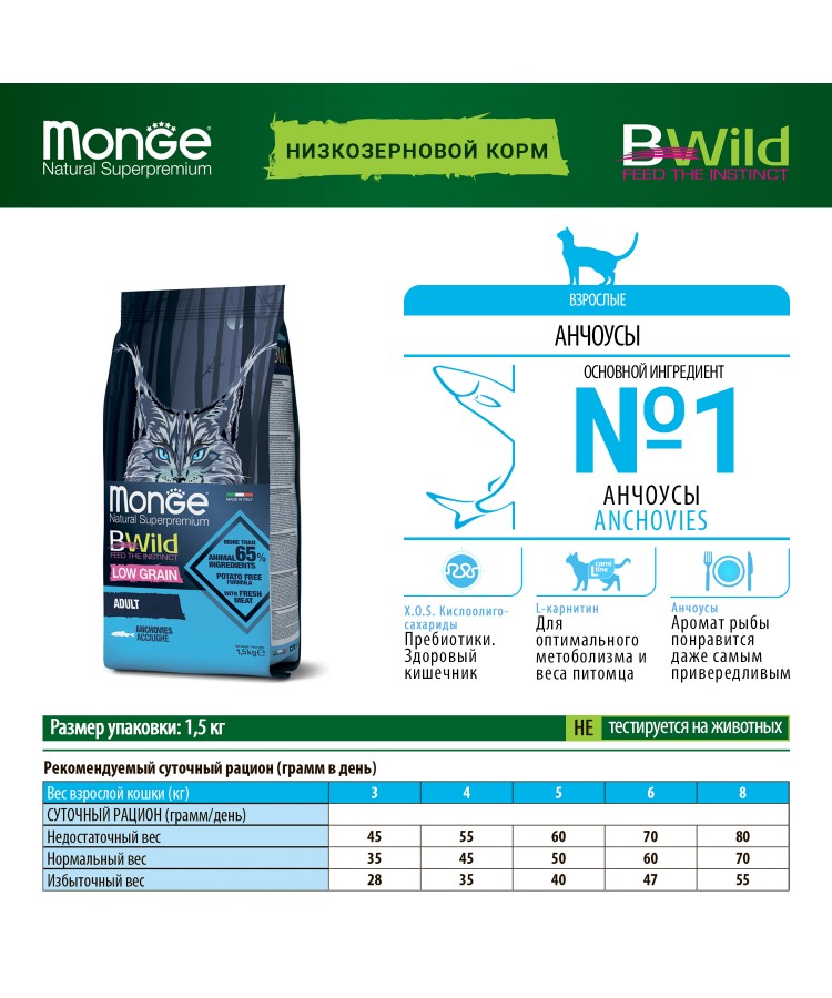 Monge BWild Cat Anchovies корм для взрослых кошек с анчоусами 1,5 кг