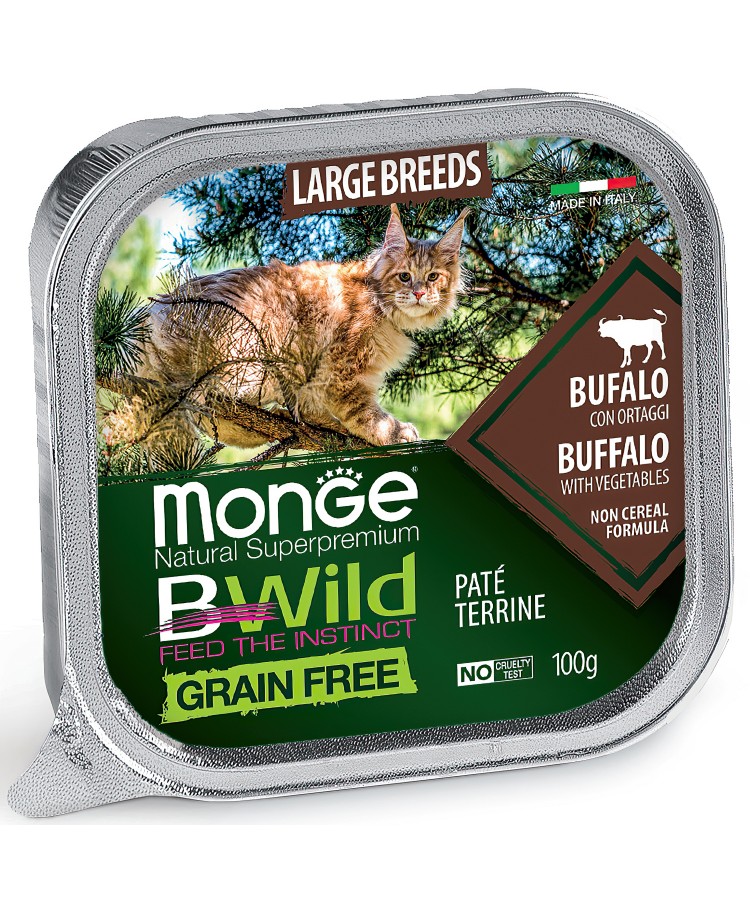 Влажный корм Monge Cat BWild GRAIN FREE для котят и крупных кошек, беззерновой, из буйвола с овощами, консервы 100 г