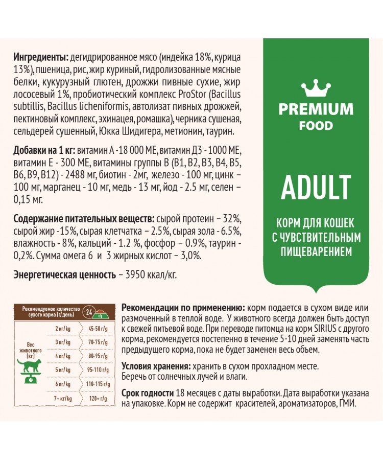 Сухой корм SIRIUS для взрослых кошек с чувствительным пищеварением, Индейка с черникой, 1.5 кг