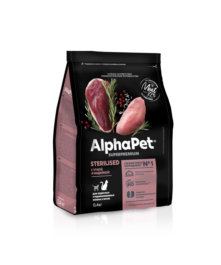 AlphaPet Superpremium (АльфаПет) 0,4кг с уткой и индейкой сухой для стерилизованных кошек