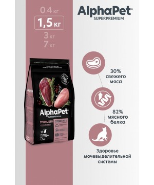 AlphaPet Superpremium (АльфаПет) 1,5кг с уткой и индейкой сухой для стерилизованных кошек