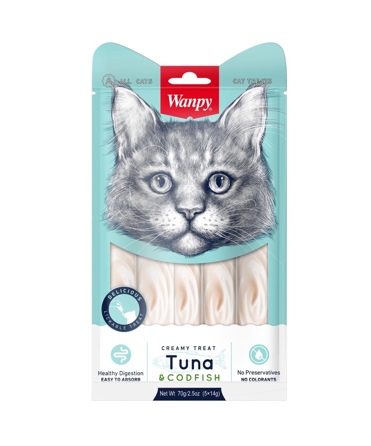 Wanpy Cat Лакомство для кошек «нежное пюре» из тунца и трески 70 г