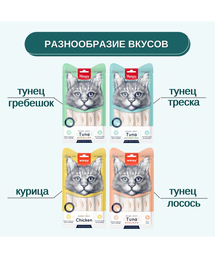 Wanpy Cat Лакомство для кошек «нежное пюре» из тунца и трески 70 г