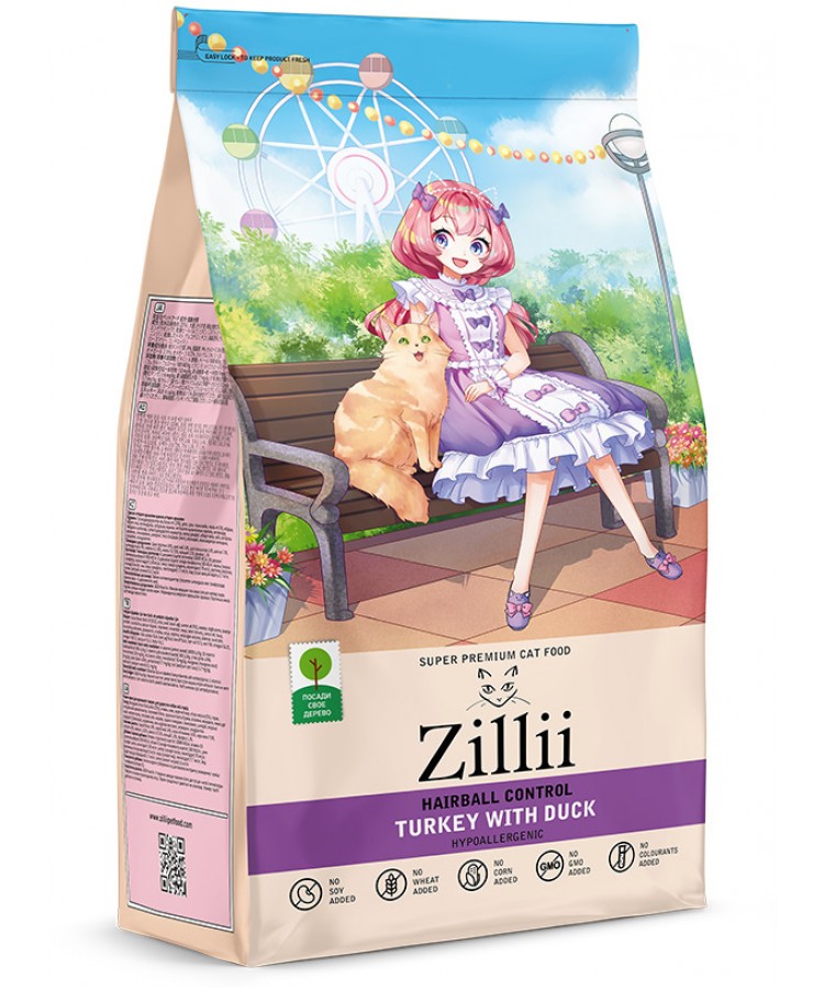 ZILLII (Зилли) Cat Hairball Control 10кг индейка и утка сухой для кошек, против комочков шерсти в желудке