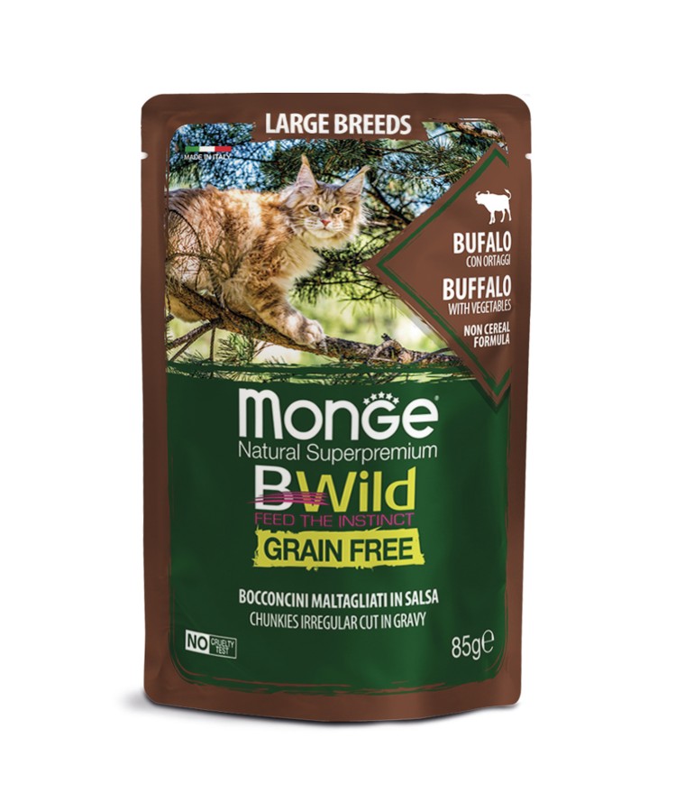 Влажный корм Monge Cat BWild GRAIN FREE для котят и кошек крупных пород, из мяса буйвола с овощами, паучи 85 г