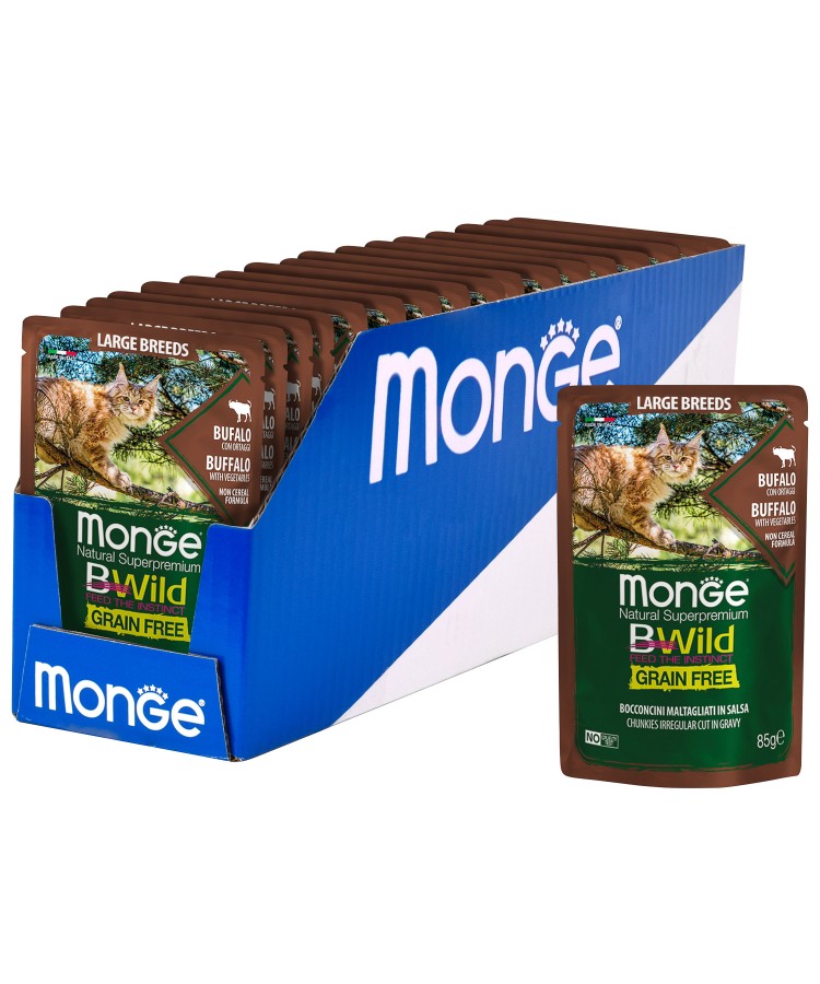 Влажный корм Monge Cat BWild GRAIN FREE для котят и кошек крупных пород, из мяса буйвола с овощами, паучи 85 г