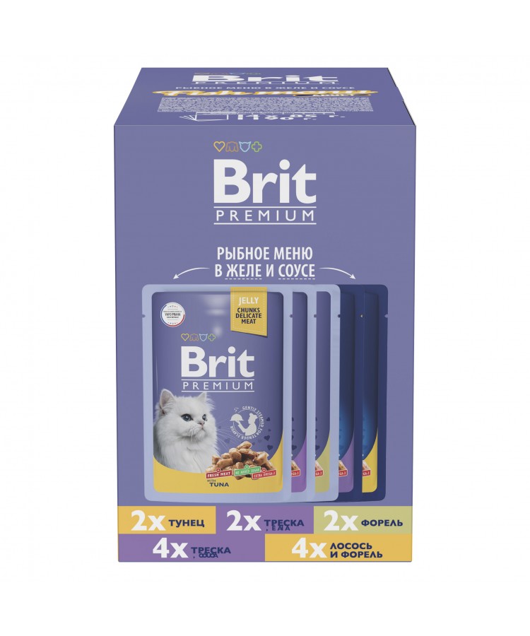 Brit Premium Рыбное меню в соусе и желе для взрослых кошек 14*85 г