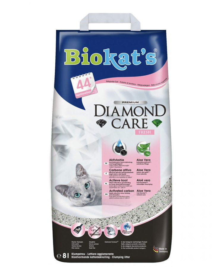 BIOKAT'S Diamond Care FRESH наполнитель комкующийся с активированным углем с ароматизвтором 8л