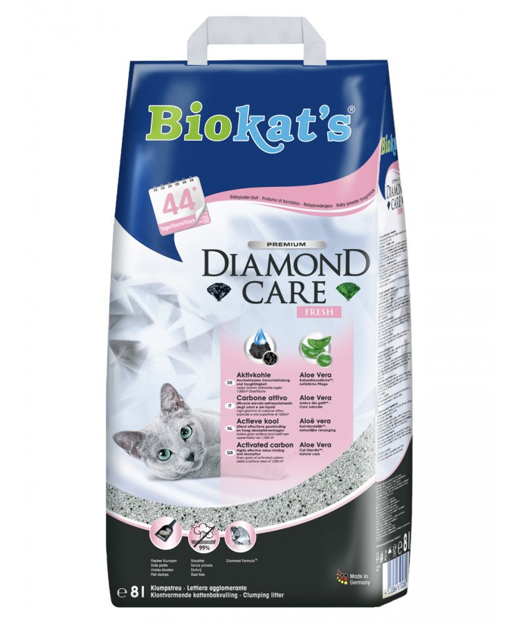 BIOKAT'S Diamond Care FRESH наполнитель комкующийся с активированным углем с ароматизвтором 8л