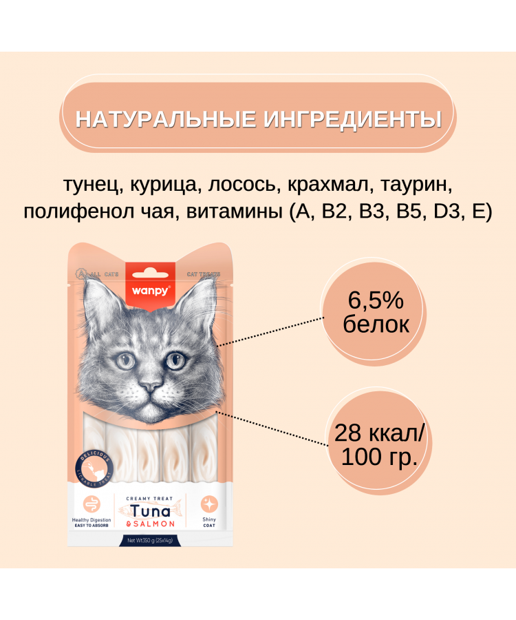 Wanpy Cat Лакомство для кошек "нежное пюре" из тунца и лосося 25 шт х14 г