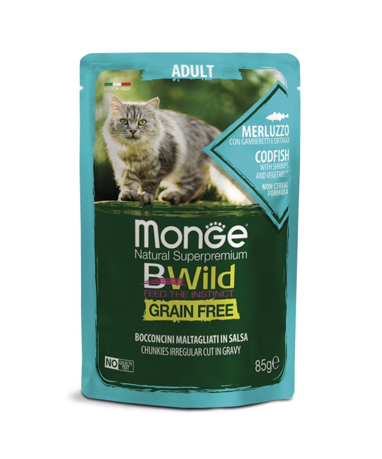 Monge Cat BWild GRAIN FREE паучи из трески с креветками и овощами для взрослых кошек 85г