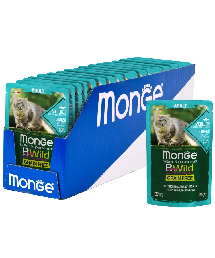 Monge Cat BWild GRAIN FREE паучи из трески с креветками и овощами для взрослых кошек 85г