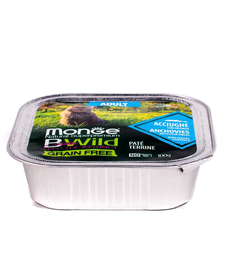 Monge Cat BWild GRAIN FREE беззерновые консервы из анчоусов с овощами для взрослых кошек 100г