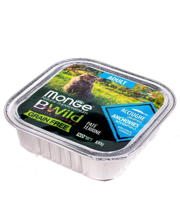 Monge Cat BWild GRAIN FREE беззерновые консервы из анчоусов с овощами для взрослых кошек 100г