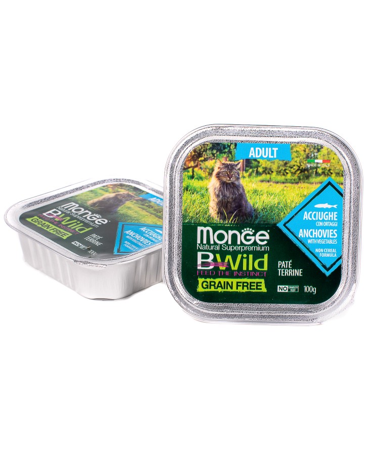 Monge Cat BWild GRAIN FREE беззерновые консервы из анчоусов с овощами для взрослых кошек 100г