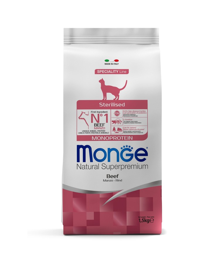 Сухой корм Monge Cat Speciality Line Monoprotein Sterilised для стерилизованных кошек, из говядины 1,5 кг