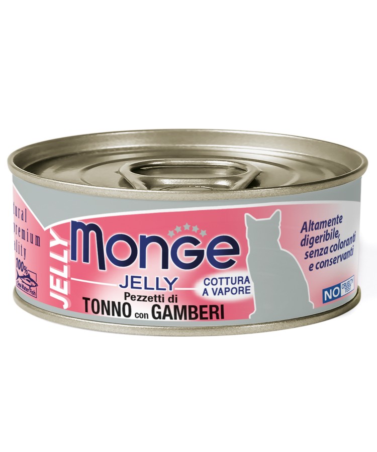 Влажный корм Monge jelly Adult cat для взрослых кошек с желтоперым тунцом и креветками, консервы 80 г