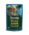 Влажный корм Monge Cat BWild GRAIN FREE для стерилизованных кошек, беззерновой, из тунца с креветками и овощами, паучи 85 г