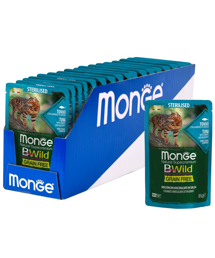 Влажный корм Monge Cat BWild GRAIN FREE для стерилизованных кошек, беззерновой, из тунца с креветками и овощами, паучи 85 г