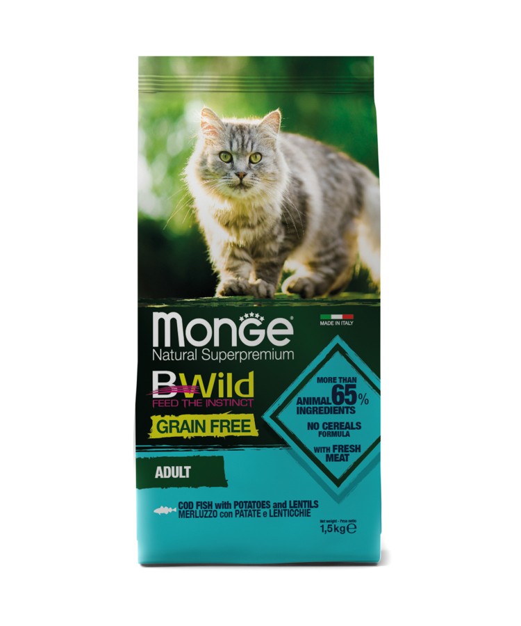 Сухой корм Monge Cat BWild GRAIN FREE для взрослых кошек, беззерновой, из трески 1,5 кг