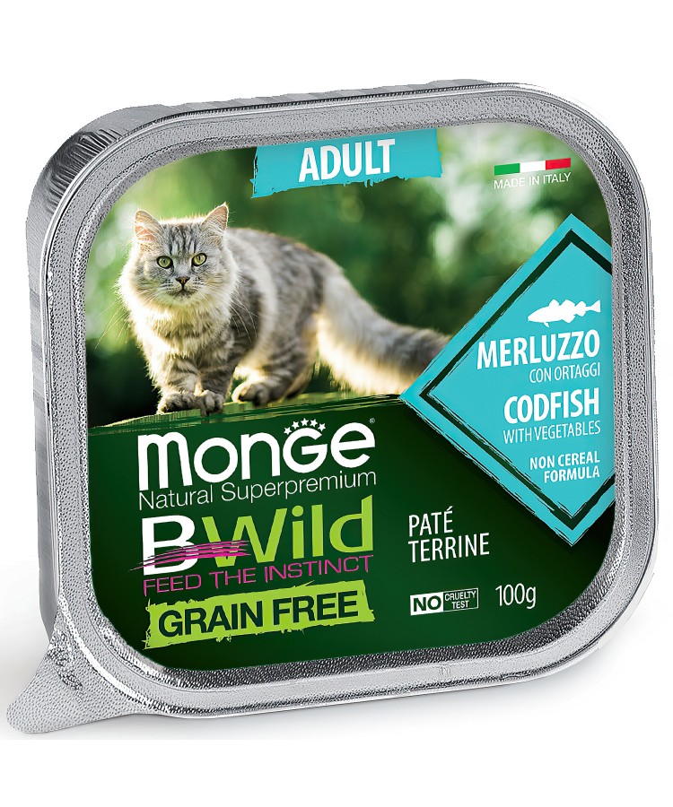 Влажный корм Monge Cat BWild GRAIN FREE для кошек, беззерновой, из трески с овощами, консервы 100 г