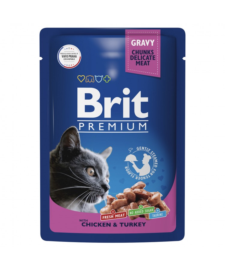 Brit Premium Пауч цыпленок и индейка в соусе для взрослых кошек 85 гр.