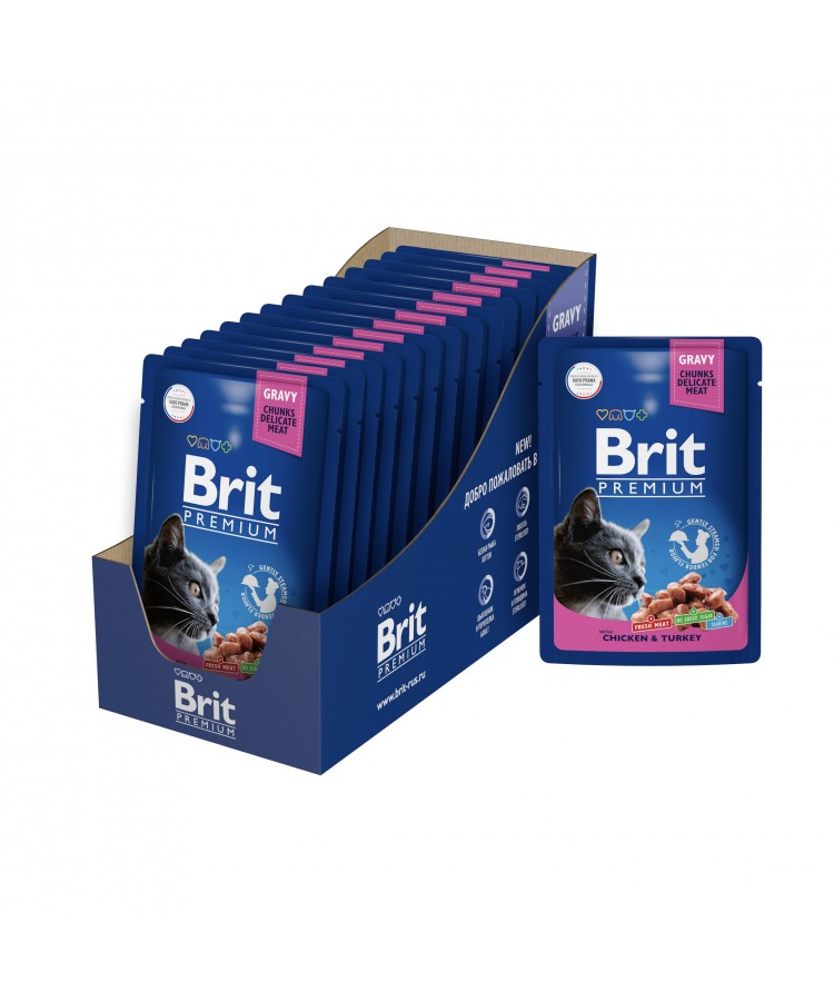 Brit Premium Пауч цыпленок и индейка в соусе для взрослых кошек 85 гр.