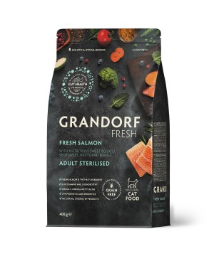 Беззерновой корм GRANDORF Fresh STERILISED Salmon & Sweet Potato (Свежее филе лосося с бататом для стерилизованных кошек) 400 г