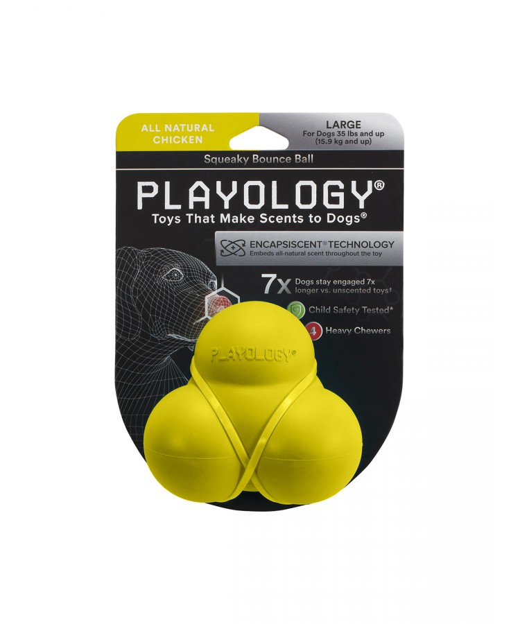 Playology хрустящий жевательный тройной мяч SQUEAKY BOUNCE BALL с пищалкой и с ароматом курицы, желтый