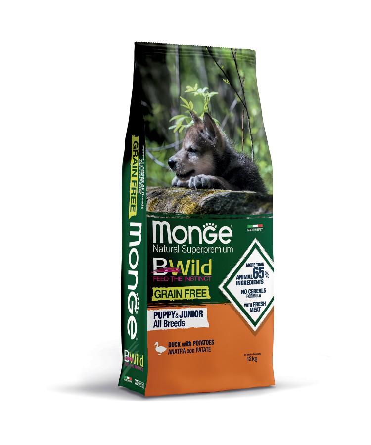 Сухой корм Monge Dog BWild GRAIN FREE Puppy & Junior для щенков, беззерновой, из мяса утки с картофелем 12 кг