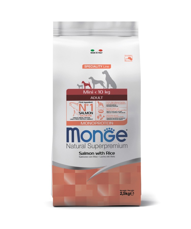 Сухой корм Monge Dog Speciality Line Monoprotein Mini, для взрослых собак мелких пород, из лосося с рисом 2,5 кг