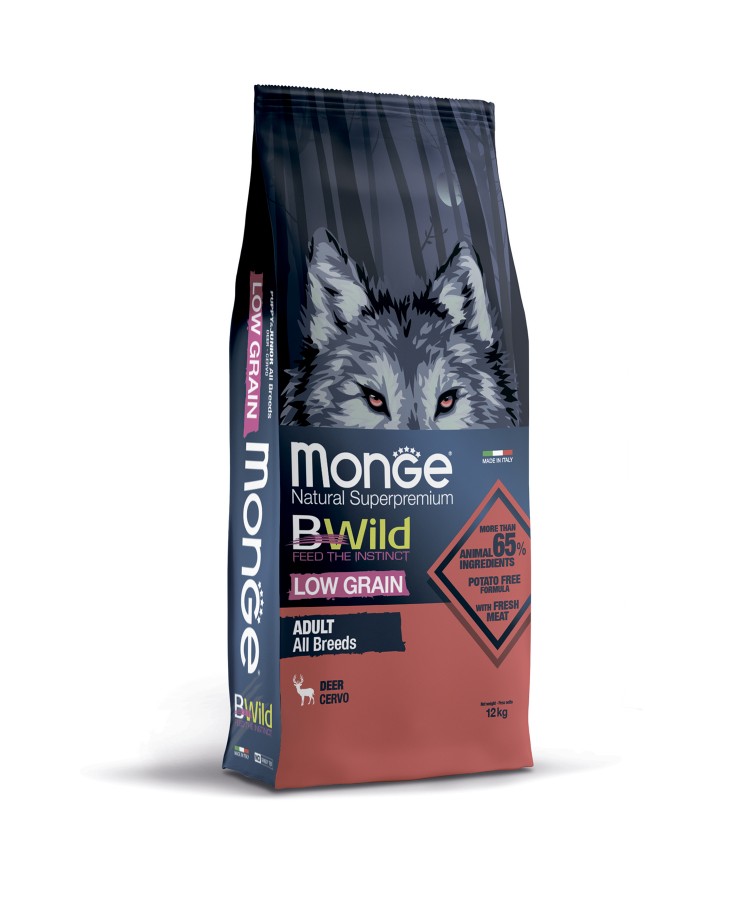 Сухой корм Monge Dog BWild LOW GRAIN, для взрослых собак, низкозерновой, из мяса оленя 12 кг