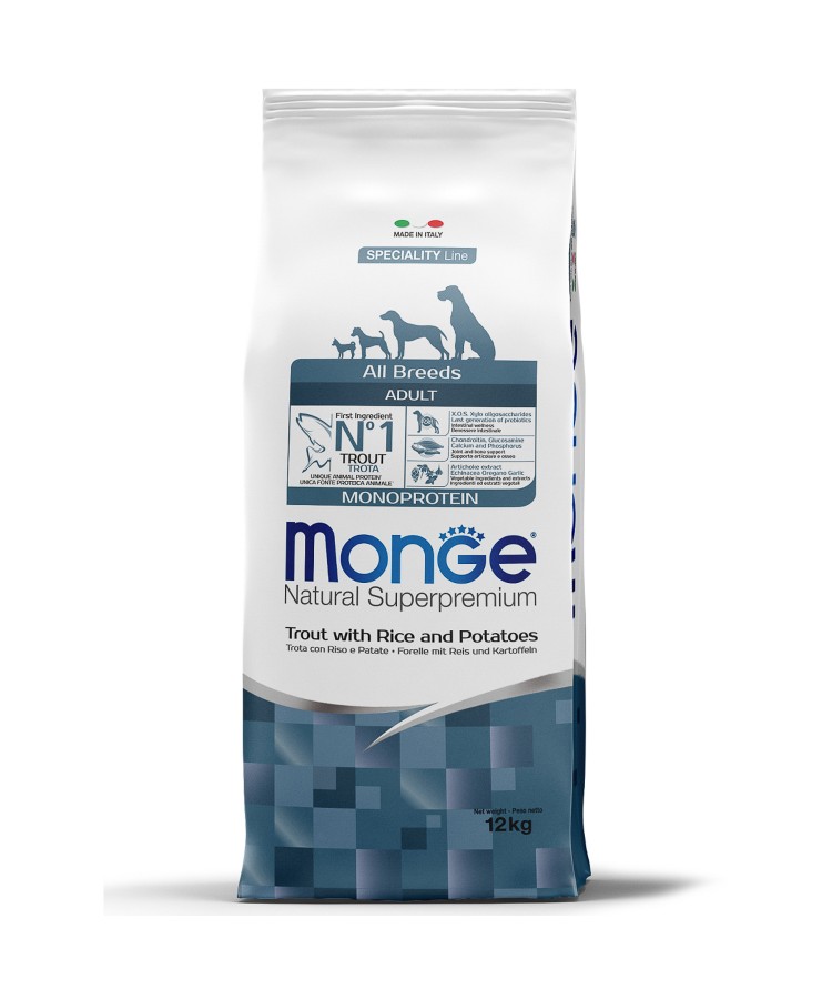 Сухой корм Monge Dog Speciality Line Monoprotein для взрослых собак всех пород, из форели с рисом и картофелем 12 кг