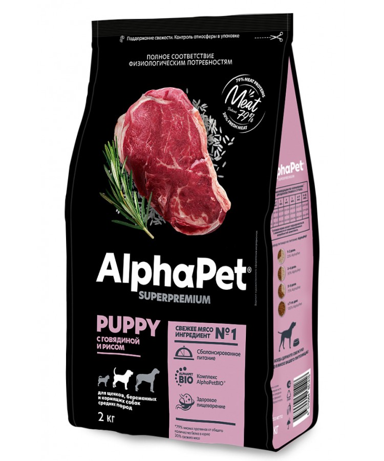 AlphaPet Superpremium (АльфаПет) 2кг с говядиной и рисом сухой для щенков и юниоров средних пород