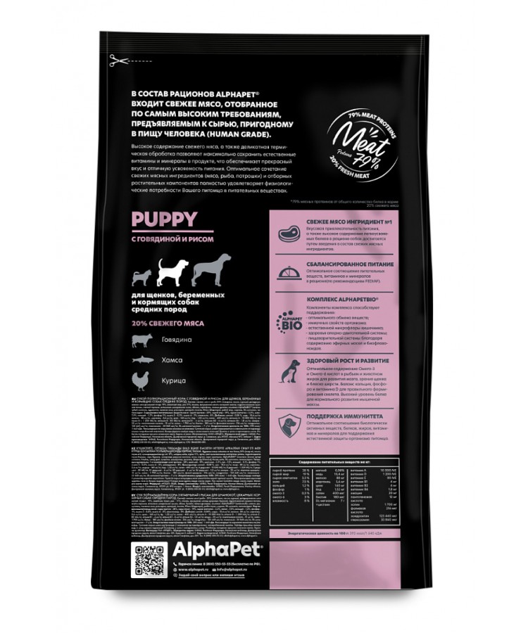 AlphaPet Superpremium (АльфаПет) 2кг с говядиной и рисом сухой для щенков и юниоров средних пород